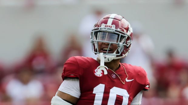 Alabama linebacker Henry To'o To'o (10) celebrates after helping on tackle against Mercer Saturday, Sept. 11, 2021, in Bryant-Denny Stadium.